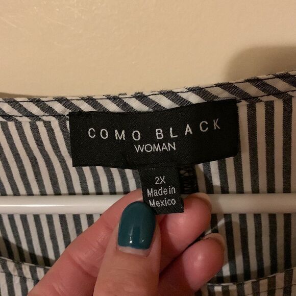 Como Black cotton top Country blue and white stripe Bell sleeves size 2x - Picture 4 of 6